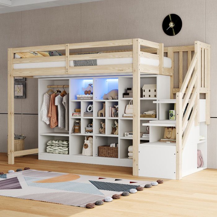 Lit Mezzanine 90x200 cm avec éClairage LED Lit Simple avec Coffre de Rangement et Petite Armoire Lit Adulte Couleur Bois