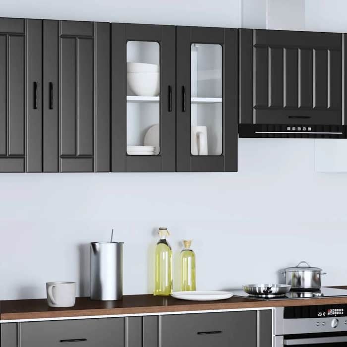 Promo dété1 PC Armoire murale de cuisineSWEETYPlacard/Cabinet suspendueavec porte en verre Porto noir 6649