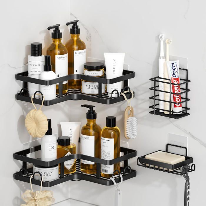 Étagère de douche sans perçage - VETOBIOL - 4 pièces - Noir - Forme L - Installation sans perçage Étagère de douche sans perçage - VETOBIOL - 4 pièces - Noir - Forme L - Installation sans perçage