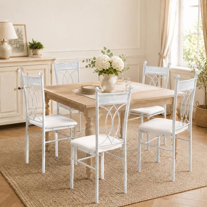 Lot de 4 Chaises Cuisine et Salle à Manger Assise Rembourrée Polyester Pieds Métal Blanc Style Classique