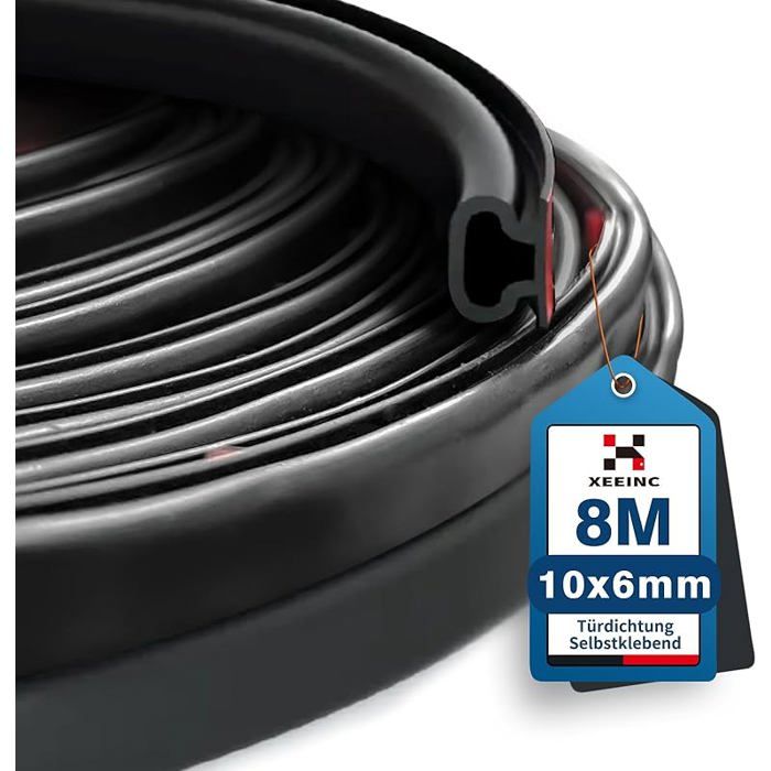 8M Joint Porte Fenetre Isolation 10mm(B) x 6mm(D) Joint de Porte Dentrée Caoutchouc Autocollante Joint Noir 8m*10mm*6mm