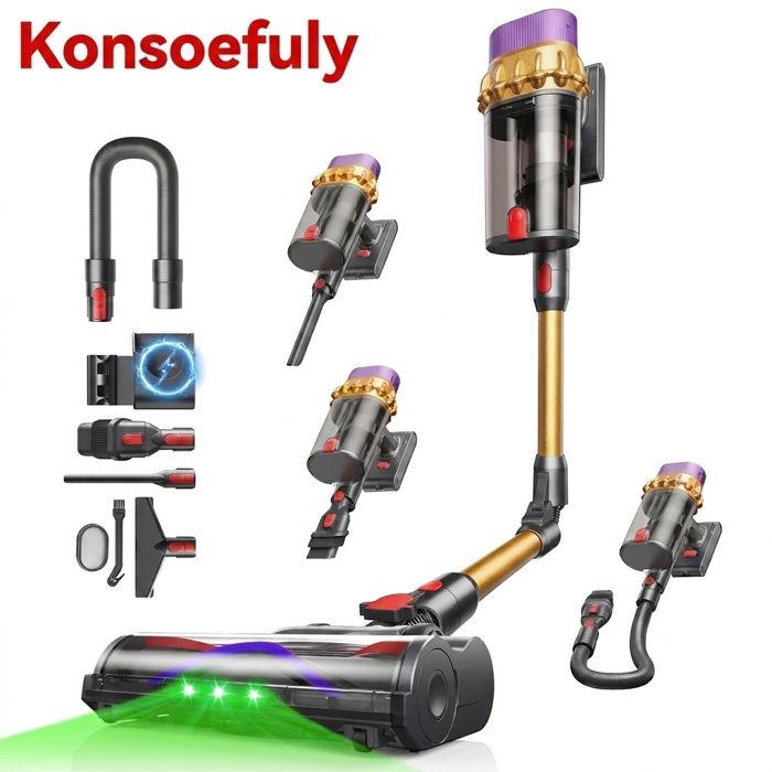 Aspirateur Balai Sans fil - 125000 t/min - 80 kPa- 650 W - 70 minutes- Brosse avec lumière intégrée Aspirateur Balai Konsoefuly®