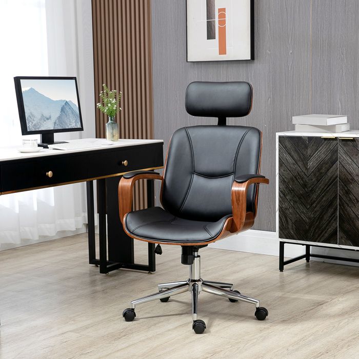 Chaise de bureau - PU basculante - Appuie-tête amovible - Hauteur réglable - Accoudoirs finition noyer
