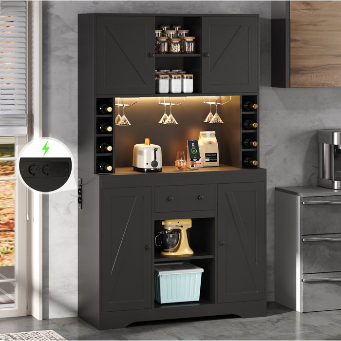 COVREO Buffet de cuisine 105 x 39 x 180 cm avec LED multicolore prises intégrées range-bouteilles et tiroir noir