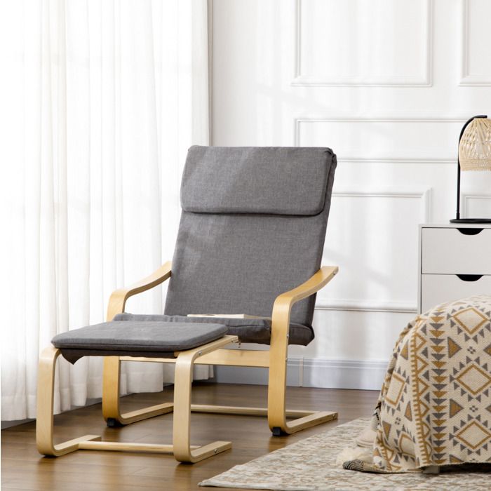 JOINERY Fauteuil Relaxation Repose Pieds Gris Accoudoirs Appui Tête Aspect Lin Structure Bois 1 Place Salon Chambre Classique