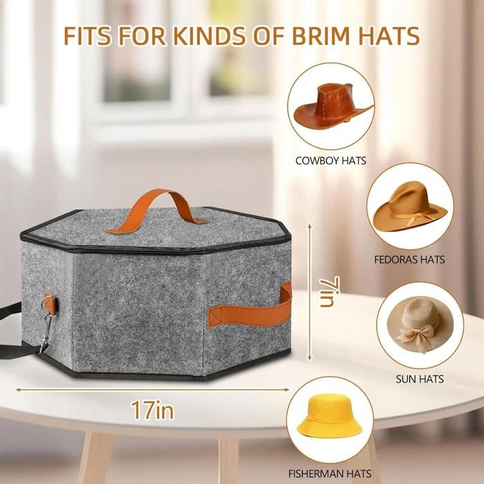 Boîte de rangement chapeaux pliable 17x10 pouces feutre rigide avec poignées pour chapeaux cowboy à large bord