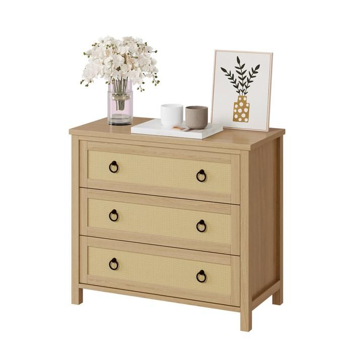 Commode moderne en rotin 3 tiroirs petit meuble bois avec poignées rondes chevet ou rangement enfant salon couloir bois