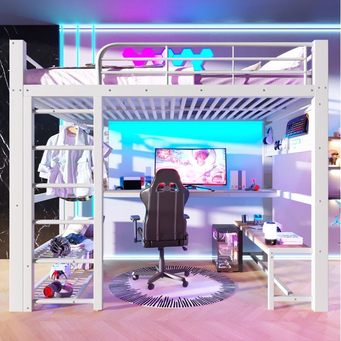 Lit Mezzanine 140x200 En Métal Blanc Lit Surélevé Avec Bureau FloraGrace Pour Chambre Ado Avec Rangements Et LED 204x145x180cm