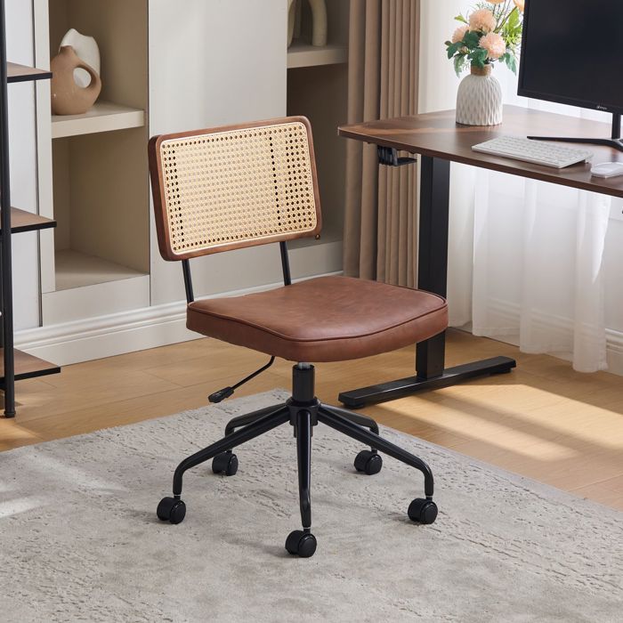 Chaise de bureau - SOGEU - Vintage - Dossier rotin tressé - Assise cuir rembourrée - Pivotante 360° réglable