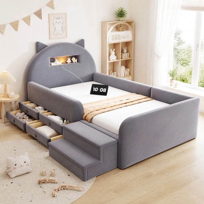 Lit enfant rembourré 90×200 cm avec tête oreilles veilleuse USB 4 tiroirs et banquette amovible sans matelas Gris foncé