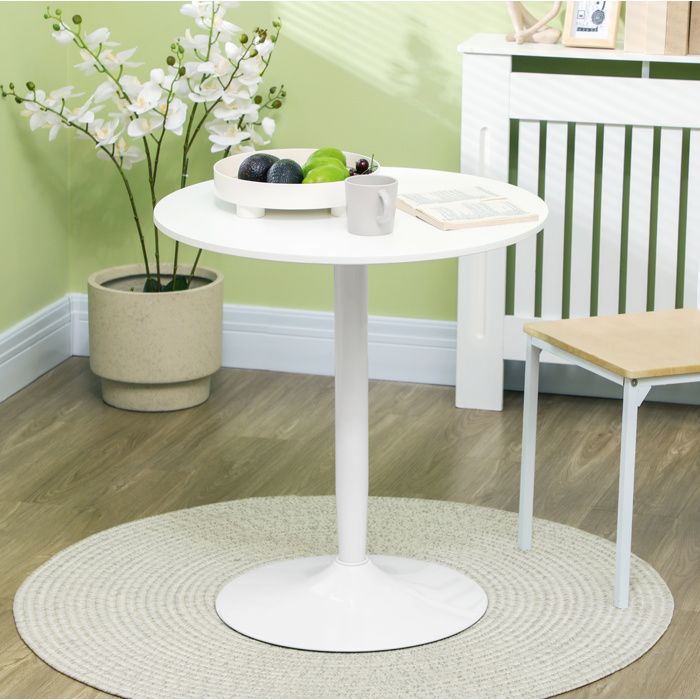 Table ronde blanche Ø70 x 75 cm table de cuisine pour 2 personnes pied central MDF et acier