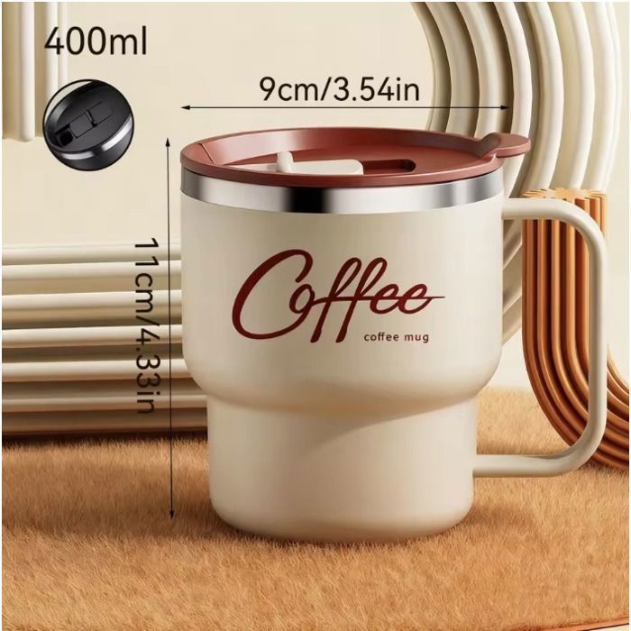 Tasse à café isotherme en acier inoxydable 304 beige à double paroi avec poignée mug de voyage anti-fuite