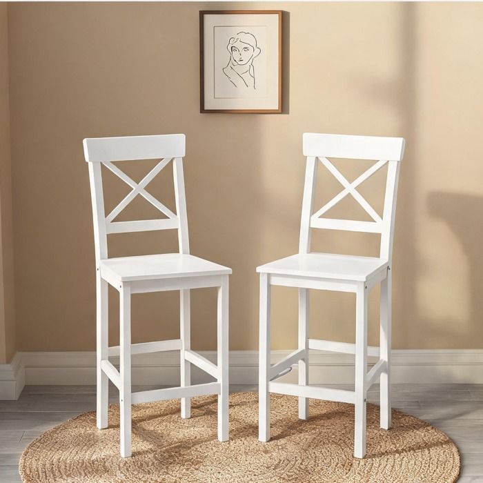 Lot de 2 chaises hautes de bar style campagne en pin massif blanc hauteur dassise 60 cm
