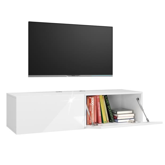 Furniloft Support TV Flottant 140cm - Console Murale Blanc - Rangement Fermé Et Ouvert