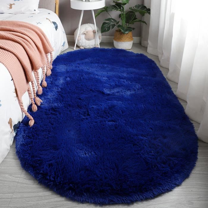 Tapis Bleu Foncé Shaggy 80 x 160cm Ovale Moquette Doux Moelleux Tapis Salon Chambre Décor Intérieur