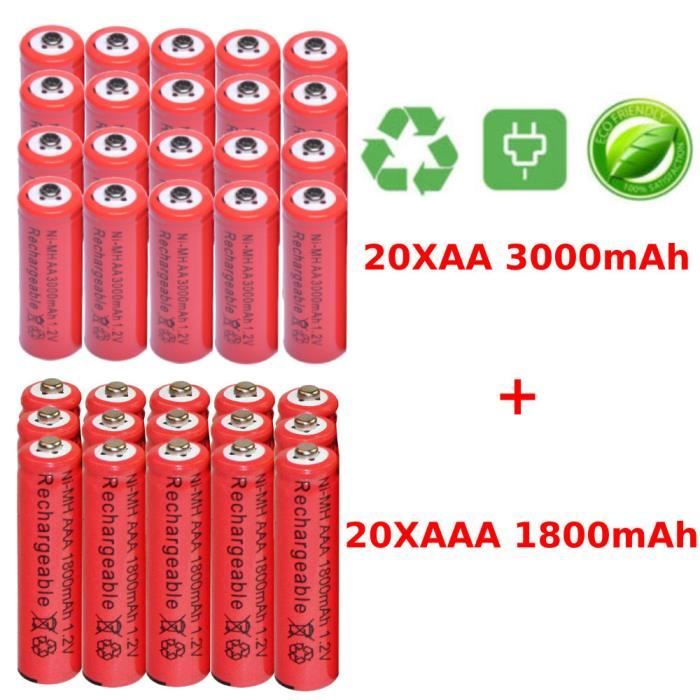 20 Piles rechargeables AA 3000 mAh Ni-MH + 20 piles rechargeables AAA 1800  mAh rouge - Cdiscount Bricolage