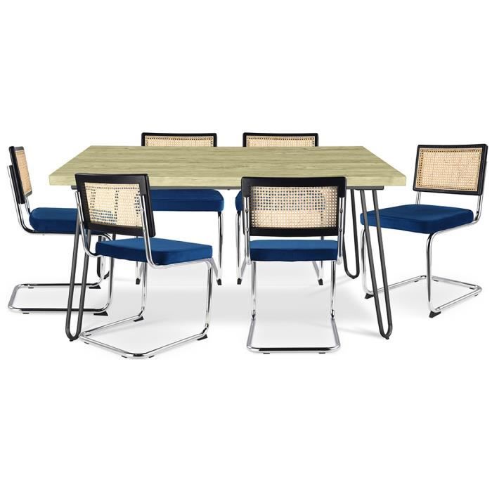 lot table de salle à manger épingle à cheveux 150x90 & 6 chaises en rotin noir et velours - jenka bleu foncé bleu foncé
