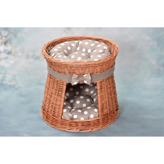 Comparer les prix de Tour,niche ,maison,panier rond à deux étages,  en osier buff avec deux coussins beige imprimé gros pois blancs et joli nœud décorati