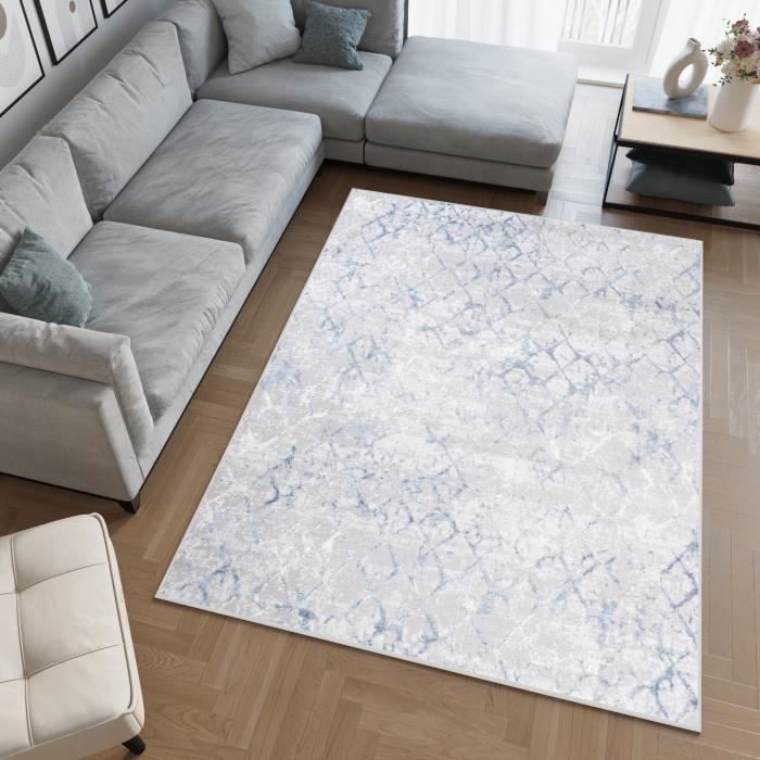 TAPISO Crystal Tapis Poils Courts 120x170cm Beige Bleu - Motif Lignes 3D Brillant Salon Chambre OEKO-TEX