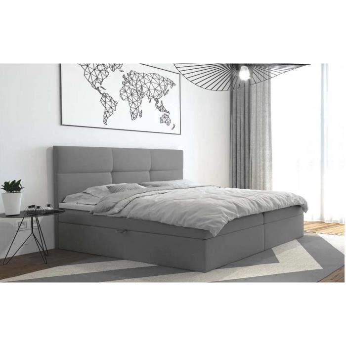 Lit adulte 180x200 cm TOP avec matelas ressorts intégrés rangement et surmatelas - tissu velours – gris clair