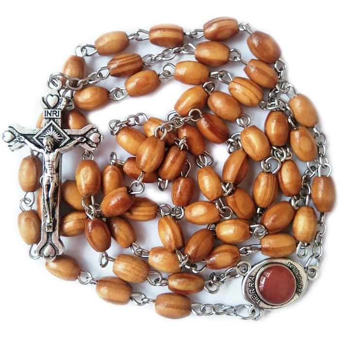 Chapelet En Bois D'olivier Avec Médaille Terre Sainte Et Croix Métal Argenté - Neuf
