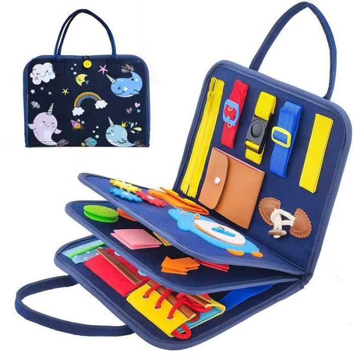 Jouet Montessori Busy Board - Enfant - Bleu - Feutre doux - Compétences de vie - Activités de voyage