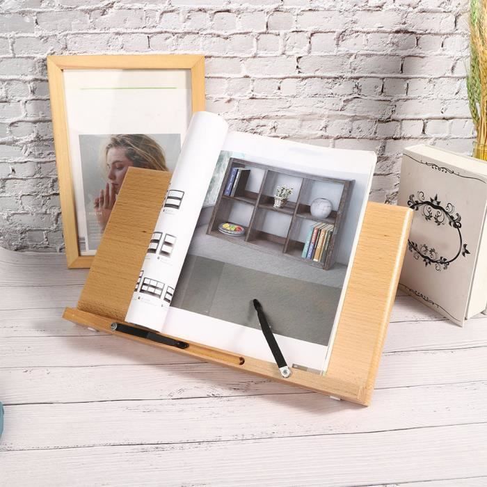 Support de livre pour lecture, support de livre pliable avec base pivotante à 360° et clips de page élastiques, support d'affichage de livre de cuisine en bois pour bureau, cuisine, manuels, recettes