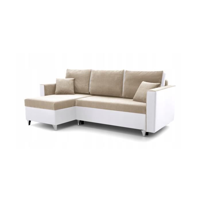 Canapé d'angle avec fonction sommeil, pouf universel, canapé-lit - GREG (Beige + Blanc - DOT 22 + Soft 17)
