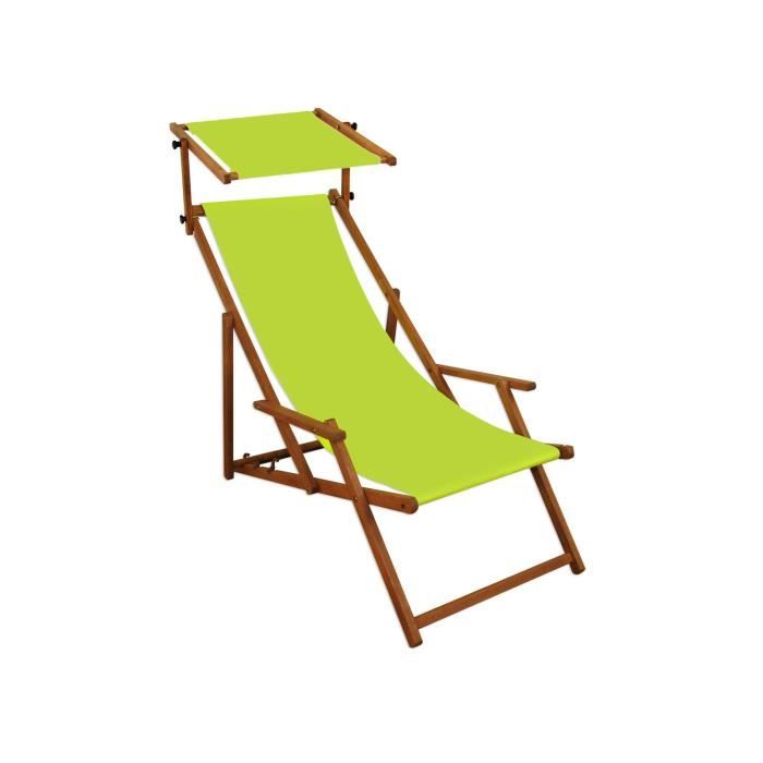chaise longue de jardin vert pistache avec pare-soleil, chilienne, bain de soleil en bois 10-306s