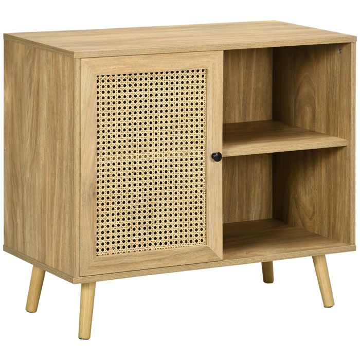 Meuble de rangement buffet - HOMCOM - 1 porte cannage effet bois buffet bas meuble salon séjour - bois - 80x39x70cm - naturel