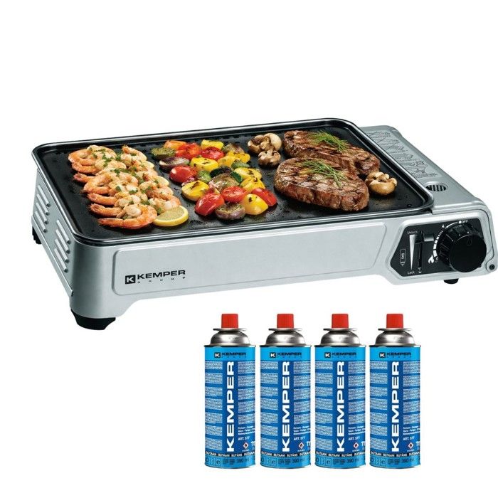 Plancha à gaz portable 2300W + 4 cartouches de gaz + Valise de transport KEMPER Plancha à gaz portable 2300W + 4 cartouches de gaz + Valise de transport KEMPER