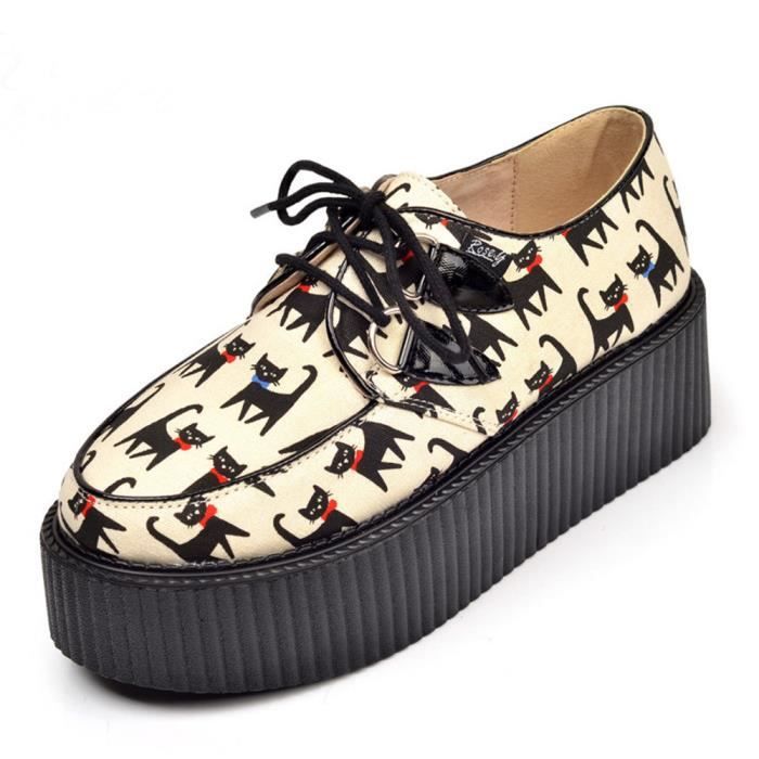 RoseG Femmes Lacets Plate Forme Gothique Punk Creepers Casual Chaussures Noir