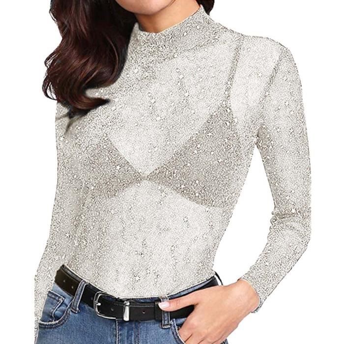 Tunique Chemisier Transparent A Manches Longues Et Paillettes Pour Femmes Blanc Blanc Cdiscount Pret A Porter