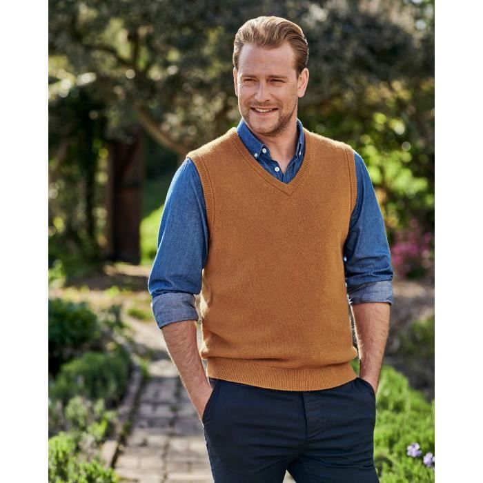 Woolovers Pull Sans Manches Homme Laine D agneau Curcuma Fonce Marron Cdiscount Pret a Porter