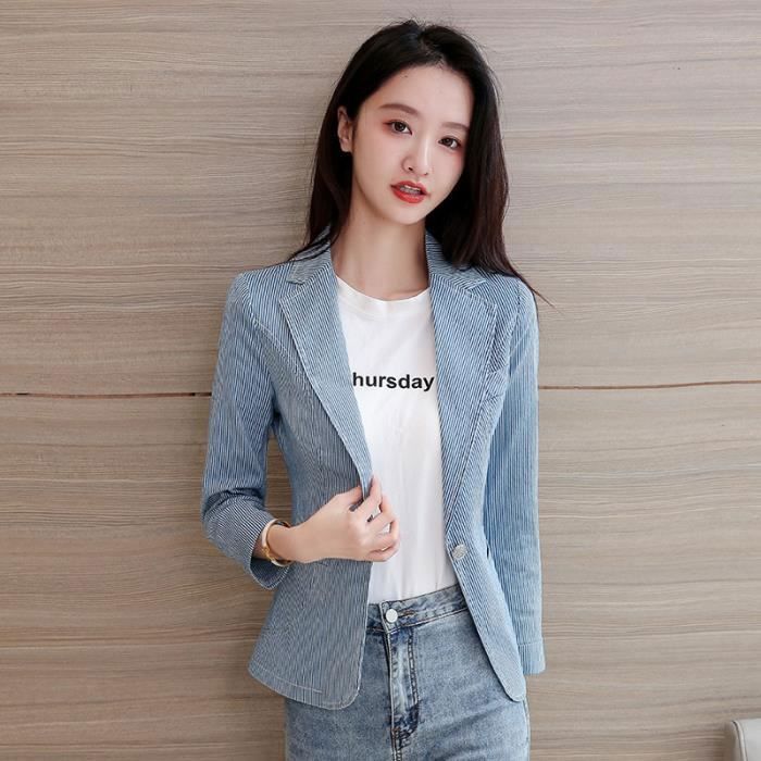 Manteau Blazer court rayures bleues pour femme Slim