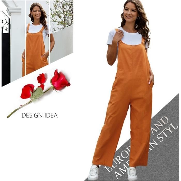 Femmes couleur unie Pantalon Salopette en Coton Combinaisons Combishort avec Poches Orange