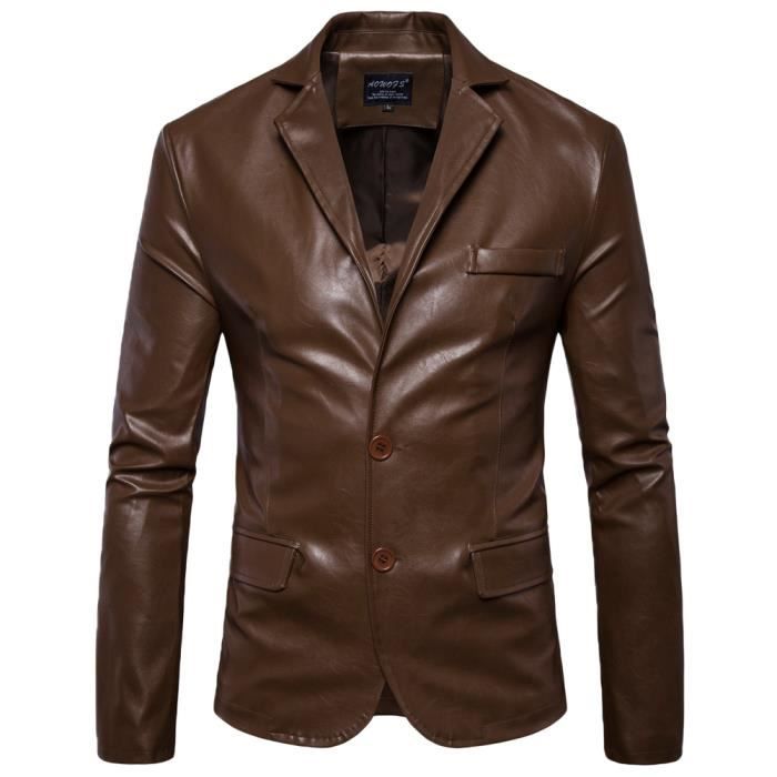 Veste GUOCU en Cuir Hommes Coupe Slim a Revers Crantes Marron Marron Cdiscount Pret a Porter