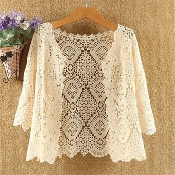 Gilet Femme Crochet Bohème - 100% Coton - Style Hippie Dentelle Irrégulière - Sans Manches - Cardigan Léger - 10