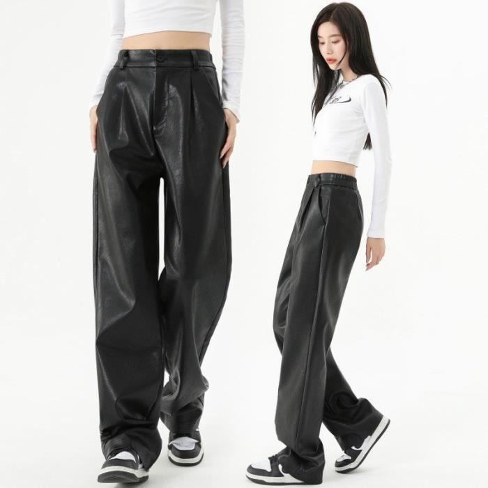 Pantalon en cuir PU decontracte ample jambes droites nouvelle collection automne et hiver Pantalon femme taille haute mode