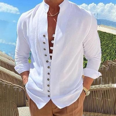 Chemise manches longues en coton lin bleu à détails fleuri