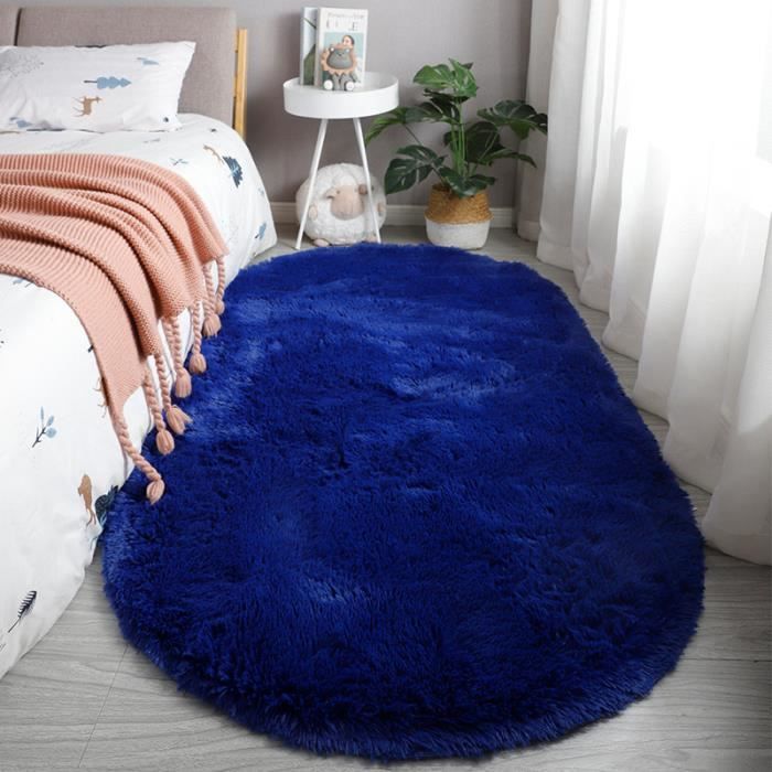 Tapis Bleu Foncé Shaggy 80 X 160cm Ovale Moquette Doux Moelleux Tapis Salon Chambre Décor Intérieur