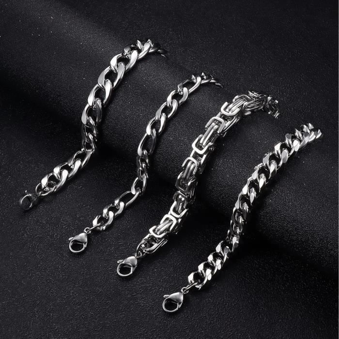 Set De 2 Bracelets Homme Acier Inoxydable - Gourmette Argent & Chaîne Serpent - 19cm - Cadeaux Homme