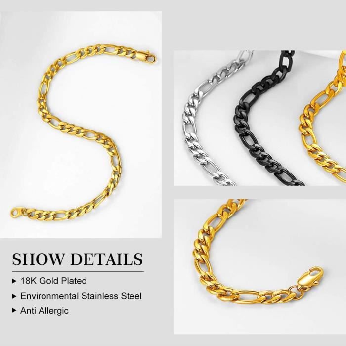 Gourmette Acier Inoxydable Homme Femme - Chaîne Bracelet à Mailles Cubaines Plaquée Or - Longueur Réglable 16/19/21 Cm