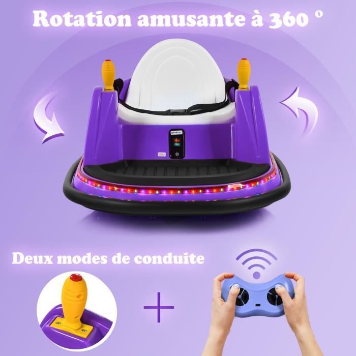 Auto-tamponneuse electrique enfants avec télécommande 2.4g ,voiture  tournante bébé 360°avec lumières led colorées, vitesse 3 - 6 km/h, contours