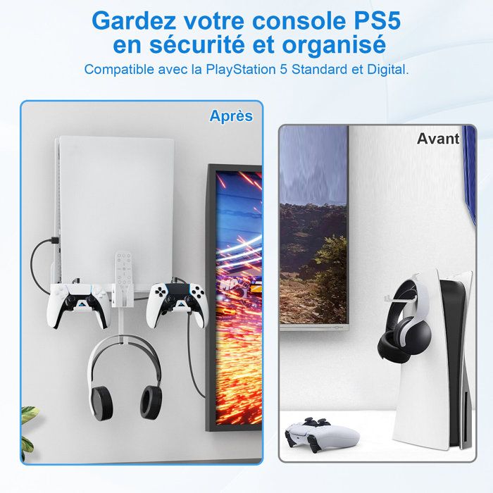 Support Mural PS5, 5 en 1 Porte Murale pour PlayStation 5, Support PS5 pour  Casque Console Manette - Blanc - Cdiscount Informatique