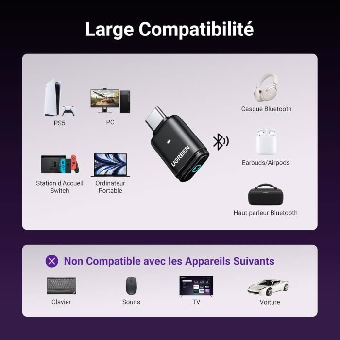 Adaptateur USB Bluetooth 5.3 Pour PS5, PS4, PC, Switch, Mac - Faible Latence, Double Connexion - Portée 20 M