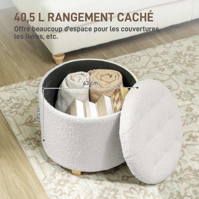 Pouf Coffre De Rangement HOMCOM - Tissu Bouclette, 45 X 41 Cm, Charge 120 Kg - Blanc - Pour Salon, Chambre, Entrée - 4
