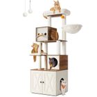 FEANDREA Arbre à Chat Moderne avec Cache-litière, 180 cm, Niche, Plateforme, Tapis Lavables, Marron Miel et Blanc Rustique