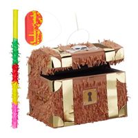 3 tlg. Pinata Set Schatzkiste, mit Pinata Stab und Augenmaske, für Kinder, Geburtstag, zum selbst Befüllen, Piñata, bunt