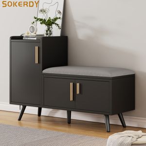 Banc D'Entrée VITO Avec Rangement Chaussures - Noir Et Bois - 100x30x55 Cm